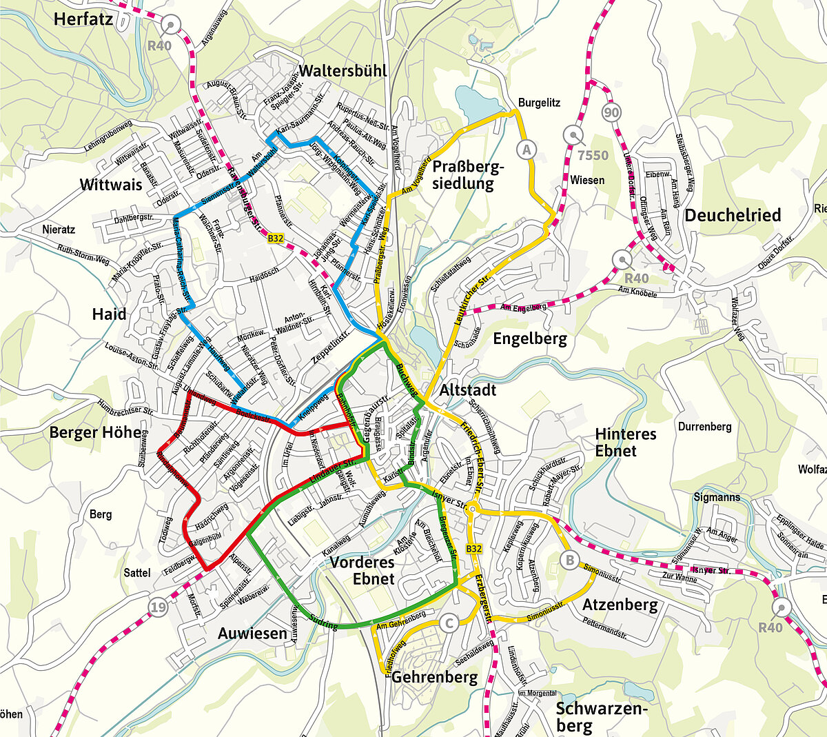 Stadtplan mit den Linien des neuen Stadtbus